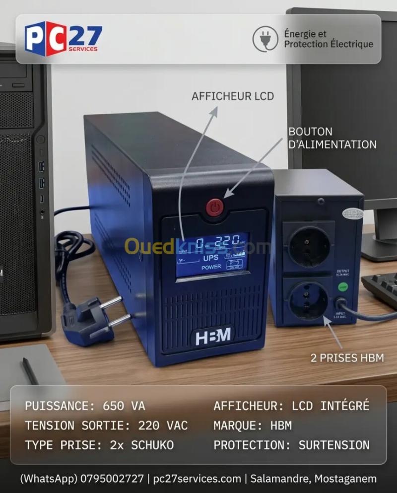 ONDULEUR UPS 650 VA +AFFICHEUR LCD 2S PRISE HBM Ref  4510