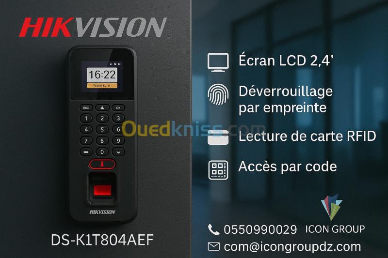 Terminal de contrôle d'accès et pointeuse biométrique empreinte, carte, code HikVision DS-K1T804AEF