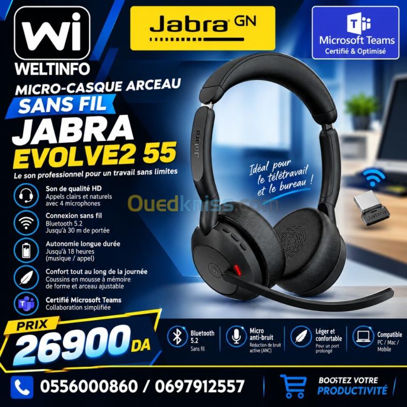MICRO-CASQUE ARCEAU, SANS FIL JABRA EVOLVE2 55