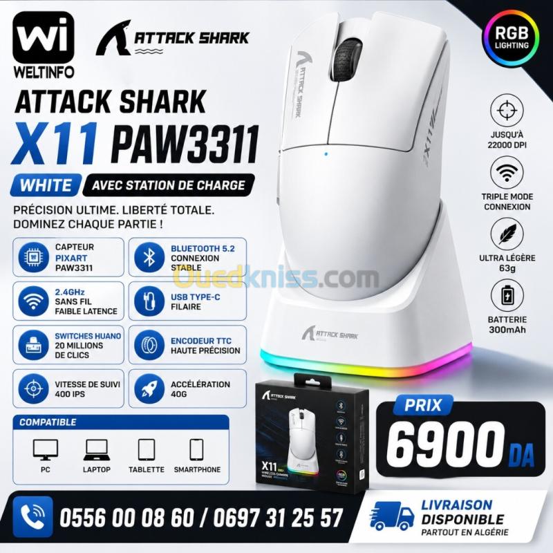 ATTACK SHARK X11 PAW3311 NOIR AVEC STATION DE CHARGE