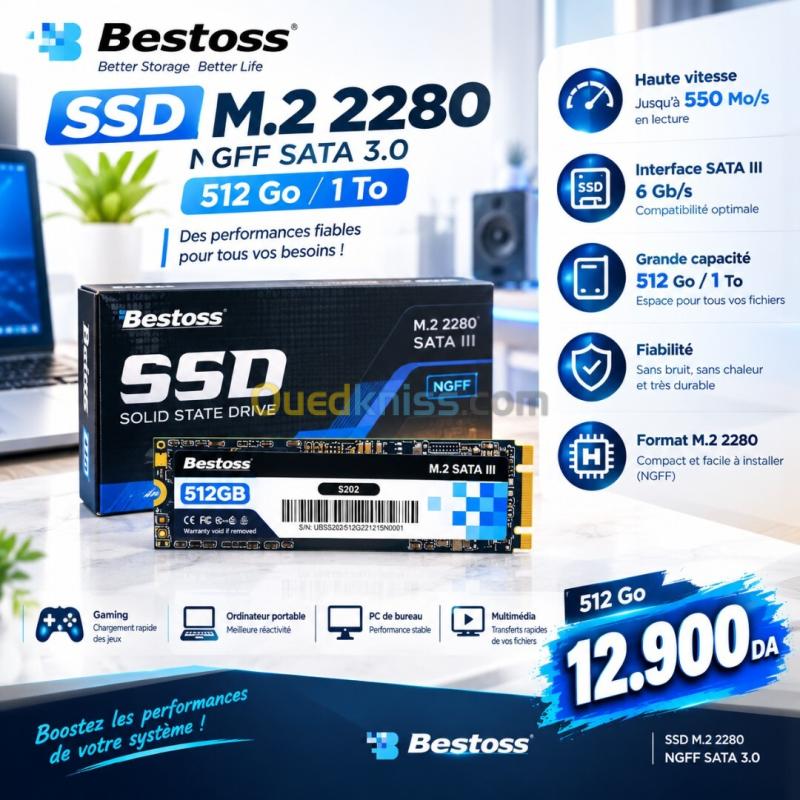 Bestoss 2280 M.2 SSD interne 512GB  NGFF SATA 3.0