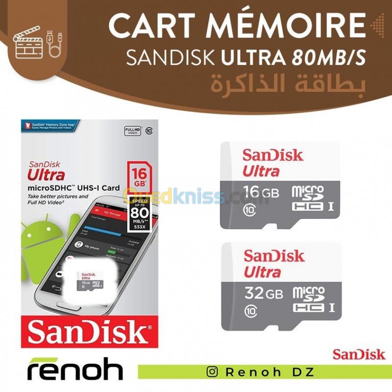  Carte mémoire sandisk micro sd 16GB 32GB 80 MB/s