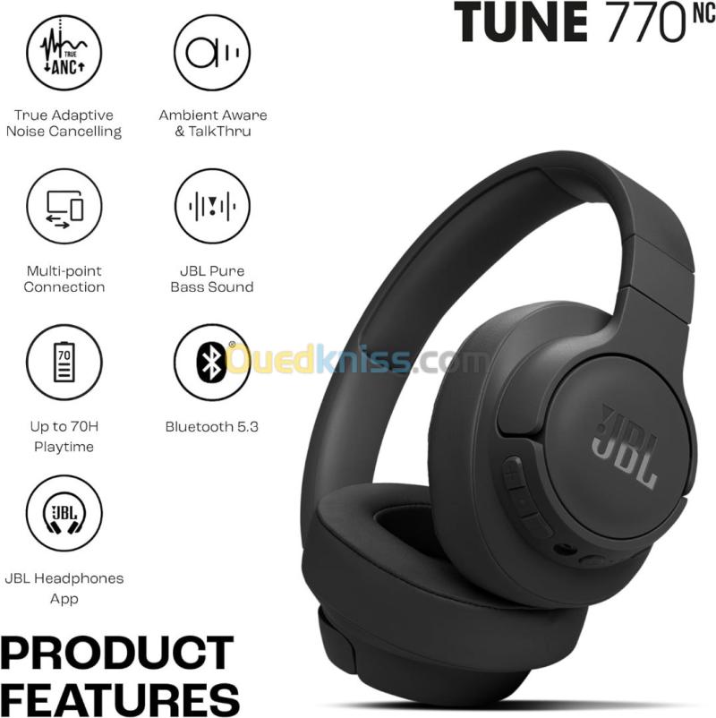 JBL TUNE 770NC CASQUE SANS FIL - SUPRA-AURICULAIRE  BLUETOOTH 5.3 - RÉDUCTION DE BRUIT - NOIR