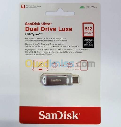 SANDISK ULTRA DUAL DRIVE LUXE USB-C 512GB - FLASH DISQUE USB 3.0 - DUAL USB-C / USB-A - JUSQU'À 400 MO/S - MÉTALLIQUE - PIVOTANTE - ORIGINAL