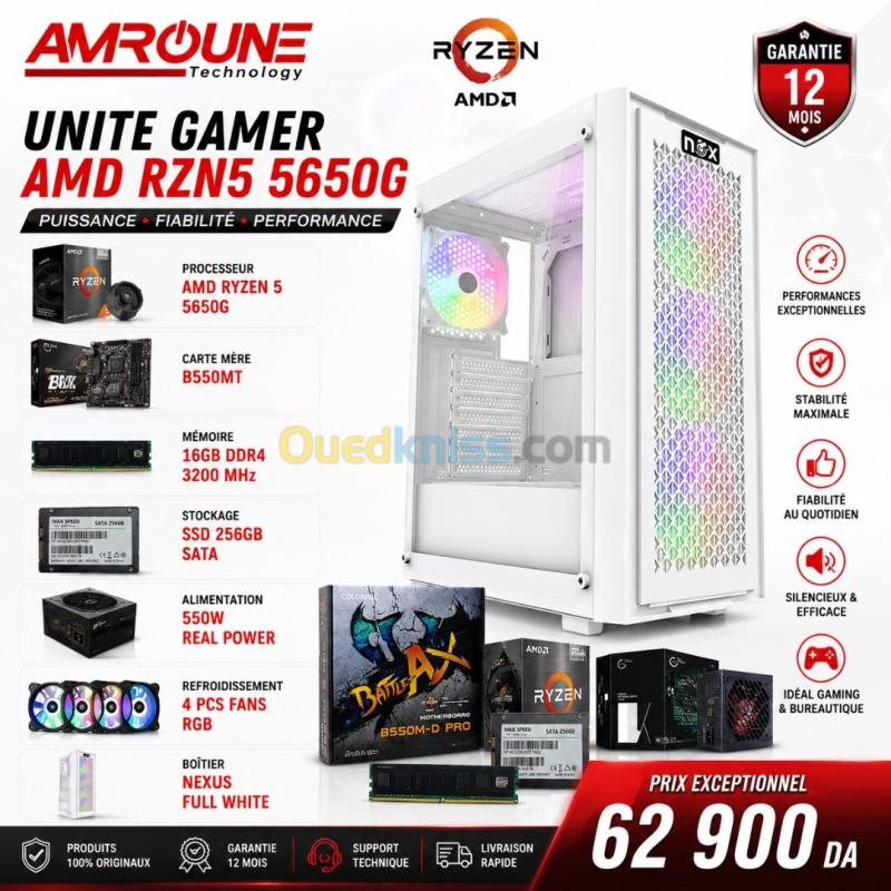 Unite Gamer AMD RYZEN 5 5650G/CM B550MT /DDR4 16G 3200Mhz/SSD 256GB /PSU 550W/Case NEXUS full White plus 4Pcs Fans RGB