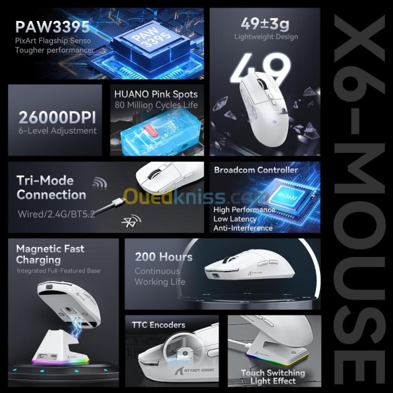 ATTACK SHARK X6 - SOURIS FILAIRE & SANS FIL - BLUETOOTH - USB 2.4G - 7 BOUTONS - 26000 DPI - WHITE 9