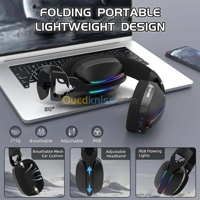ATTACK SHARK L90 - CASQUE GAMING SANS FIL RGB PLIABLE - TRI-MODE - BLUETOOTH 5.3 & 2.4 GHZ & FILAIRE - SON VIRTUEL 7.1 - PC/PS4/PS5/SWITCH/XBOX - BLACK 6