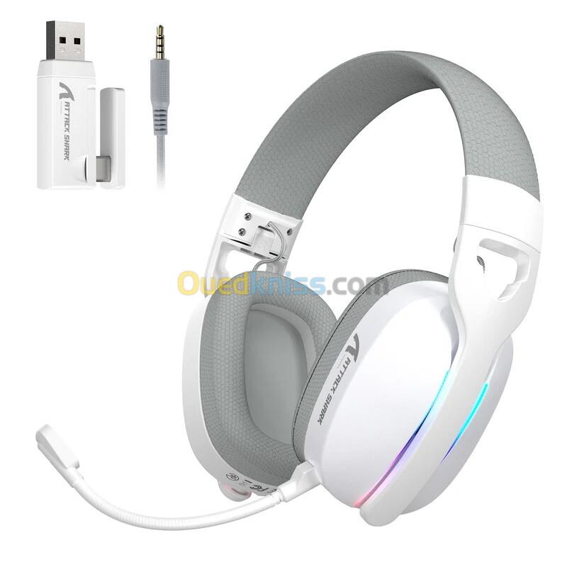 ATTACK SHARK L90 - CASQUE GAMING SANS FIL RGB PLIABLE - TRI-MODE - BLUETOOTH 5.3 & 2.4 GHZ & FILAIRE - SON VIRTUEL 7.1 - PC/PS4/PS5/SWITCH/XBOX - WHITE