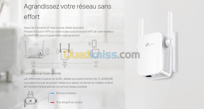 RÉPÉTEUR WiFi TP-LINK TL-WA855RE-POINT DACCÈS -WI-FI 4 - 300 MBPS- PLUG WALL - BLANC 6
