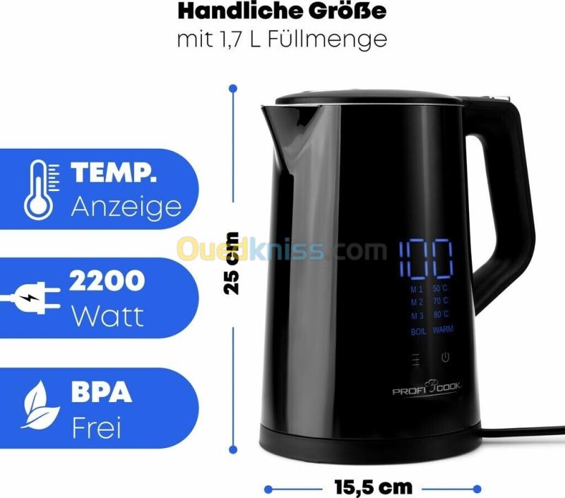 Bouilloire Électrique Sans Fil 1.7L 2200W ProfiCook PC-WKS 1243