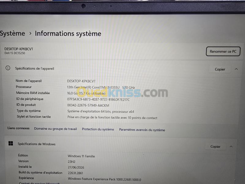 DELL 15 i7 13eme 16G DDR5/512 SSD /15.6" TACTILE / Etat neuf Cycle 2 7