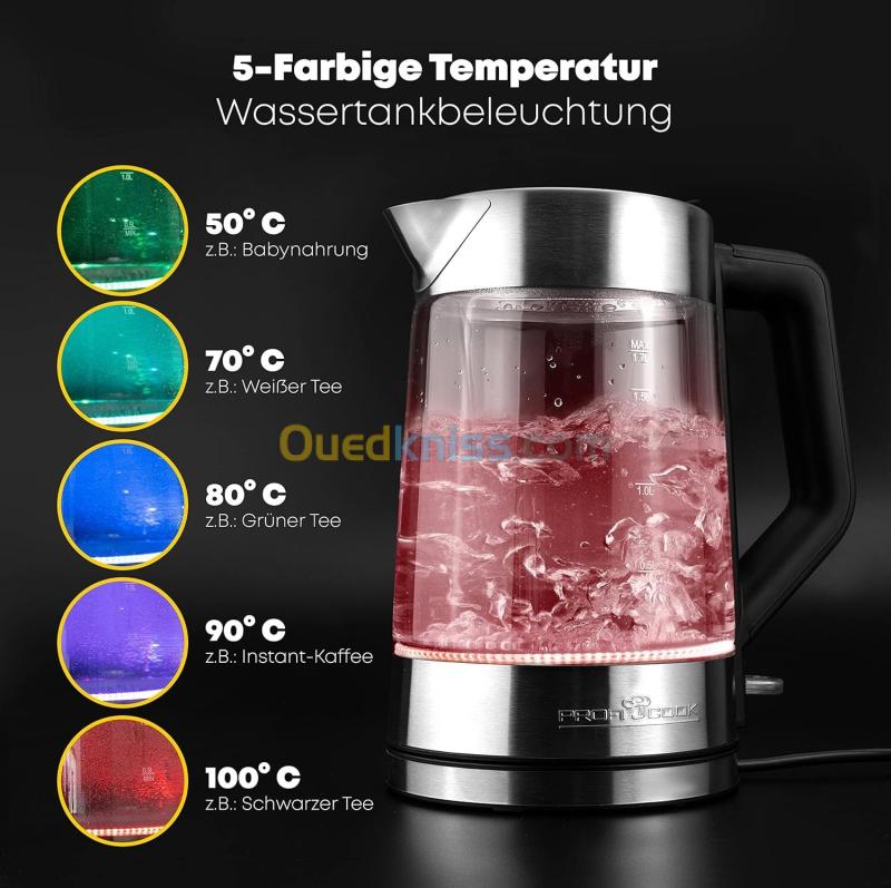 Bouilloire Électrique Proficook 1.7L 2200W En Verre - Éclairage LED indicateur De Température  3