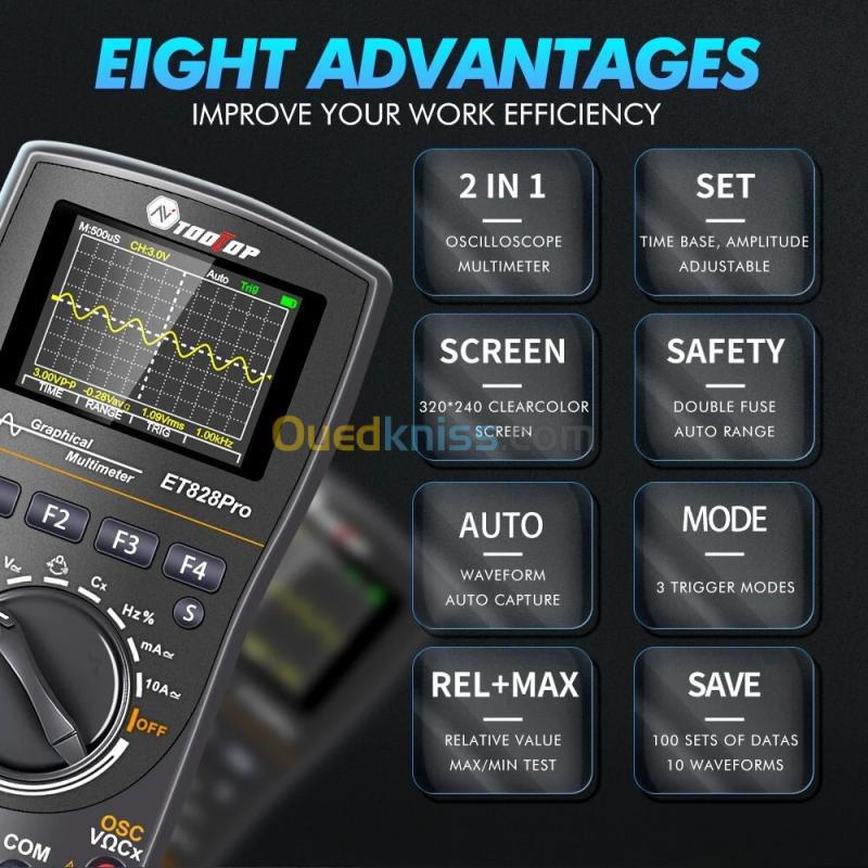 TOOLTOP ET828Pro 50Msp/s 10MHz Oscilloscope numérique portable True RMS pour bricolage électrique voiture révision Oscilloscope multimètre 9