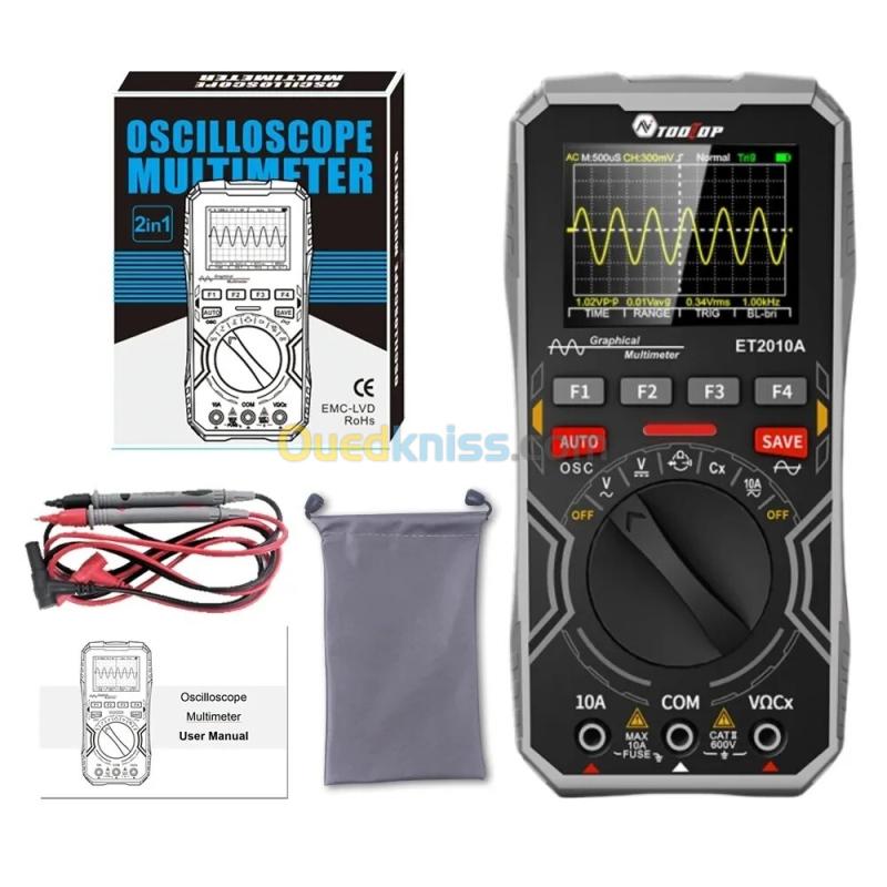 TOOLTOP ET2010A-Multimètre d'oscilloscope numérique portable, outil de test électrique multifonctionnel, 2 en 1, 2.5Msps, 1MHz 2