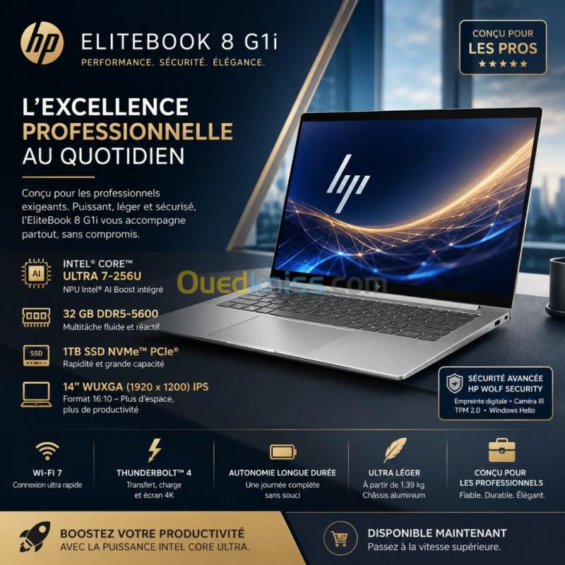 HP EliteBook 8 G1i 14 IA Premium Intel Core Ultra 7 256U | 32 Go RAM DDR5 | 1 To SSD NVMe | Ecran 14" WUXGA
