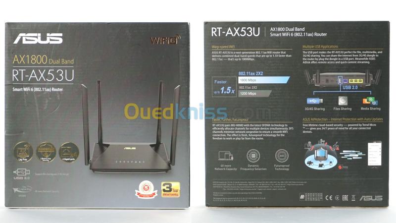 ROUTEUR ASUS DUAL BAND RT-AX53U WIFI6 AX1800 GIGABIT PORTS NEUF SOUS EMBALLAGE 3