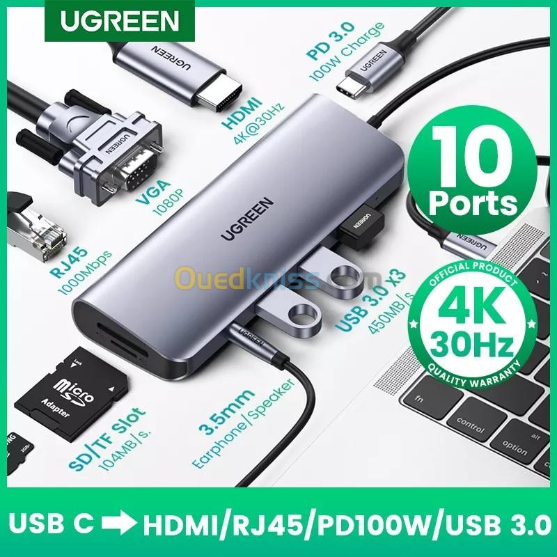  Adaptateur HUB Ugreen 10 In 1 USB-C Type-C To HDMI VGA RJ45 SD/TF 3 / USB 3.0 Type-C PD Audio 3.5mm