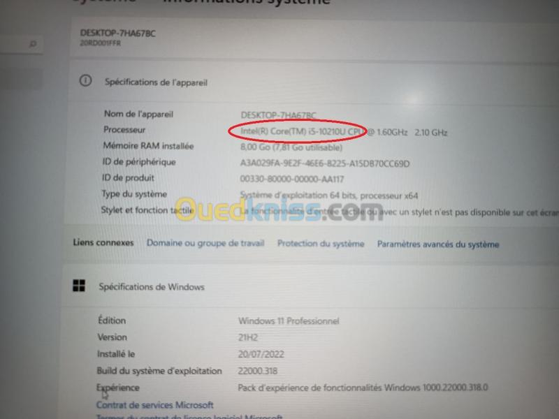  Lenovo ThinkPad E15 Gen 2 Intel I5 10ème 2.4GHZ .Windows 11 .8GO 256GO 