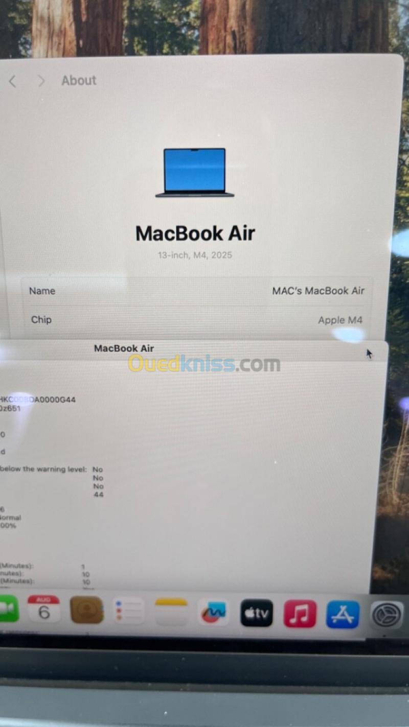MACBOOK AIR 2025 M4 13.6'' 16RAM 256 SSD ETAT NEUF BATTERIE 100% CYCLE 3