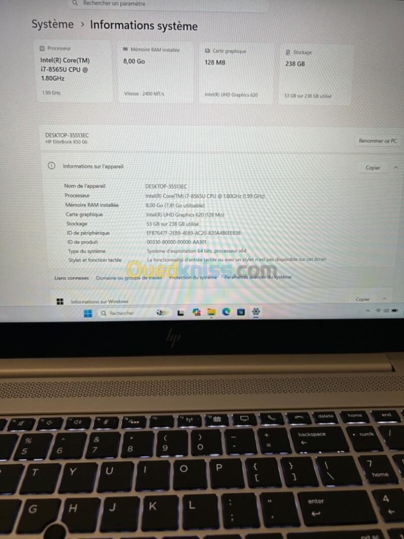 HP ELITEBOOK 850 G6 I7-08TH  15.6'' FHD 08RAM 256 SSD INTEL UHD 620  GRAPHICS BATTERIE +3 HEURES TRES BON ETAT GARANTIE 06 MOIS 2